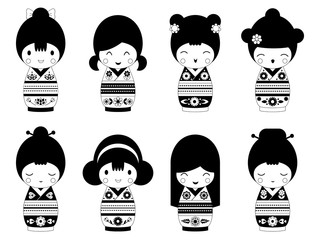 Set of outline Japanese Kokeshi Dolls