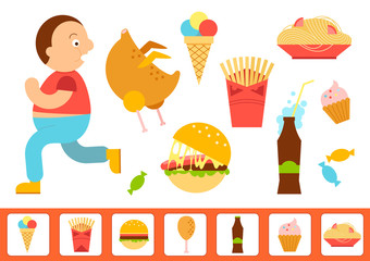 Obesity overweight infographic. Fat man running vector Illustration. Fast food colorful flat design icons set.