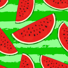 Hand drawn watermelon slices seamless pattern on striped background. Modern stylish linear art of summer ornament. Repeating background for textiles or wallpapers. Isolated vector illustration.