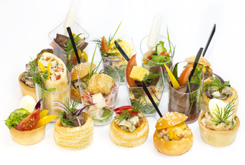 Mini Canape with meat and vegetables in plastic cups