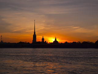 Saint Peter and Paul Cathedral and Fortress, sunrise view from Neva river. Russian cityscape silhouette vector background. St. Petersburg, Russia
