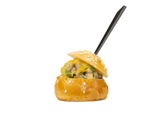 Mini Canape with meat and vegetables in plastic cups