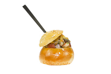Mini Canape with meat and vegetables in plastic cups