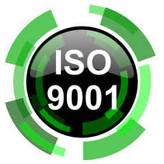 iso 9001 icon, green modern design isolated button, web and mobile app design illustration