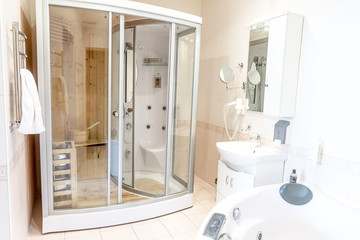 spa sauna cabin in white bathroom, house or hotel