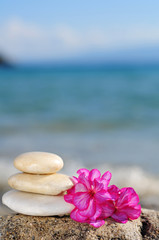 Naklejka na ściany i meble Spa stones with flower on sea beach
