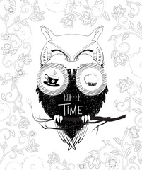 Coffee time owl in binoculars. Vector doodle illustration on floral background. Sketch