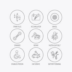 Accumulator, spanner tool and car service icons.