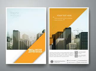 Brochure design template vector.Flyers  annual report business magazine poster.Leaflet cover book  technology presentation with abstract orange shape and flat city background.Layout in A4 size.