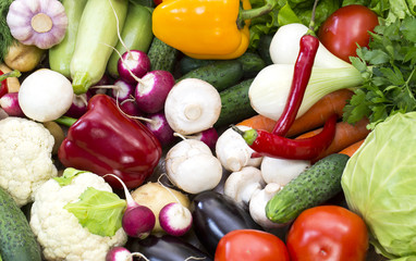 Background of fresh vegetables and greens closeup