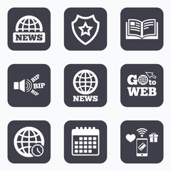 News icons. World globe symbols. Book sign.