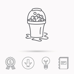 Soapy cleaning icon. Bucket with foam and bubble