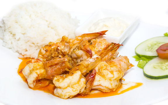 prawns grilled with rice on a white background in the restaurant