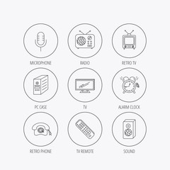 TV remote, retro phone and radio icons.