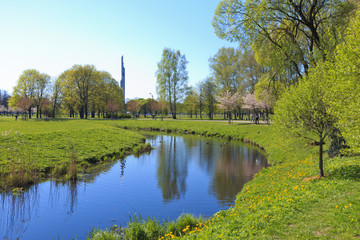 Fototapeta na wymiar The spring bloom of the Victory park at Rīga.
