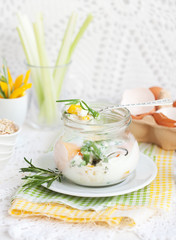 Breakfast: coddled eggs with green beans, yellow pepper, chives