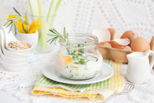 Breakfast: coddled eggs with green beans, yellow pepper, chives