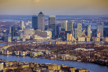 Fototapeta na wymiar London, England - Aerial skyline view of the skyscrapers of Canary Wharf