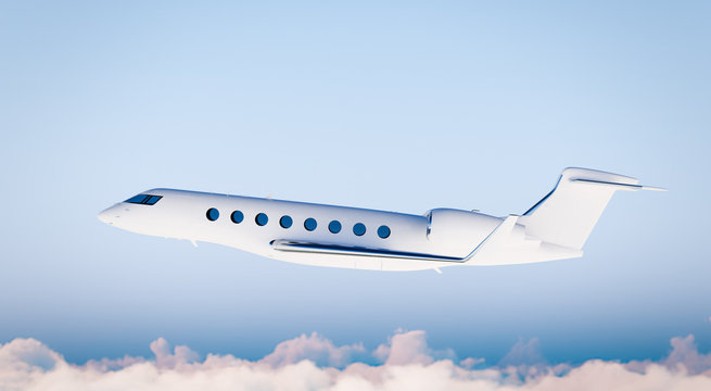 Photo White Matte Luxury Generic Design Private Airplane Flying in Blue Sky.Clear Mockup Isolated on Blurred Background.Business Travel Picture. Left Side view. Horizontal. 3D rendering.