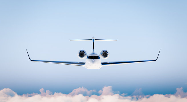 Photo White Matte Luxury Generic Design Private Airplane Model in Blue Sky.Clear Mockup Isolated on Blurred Background.Business Travel Picture. Front view. Horizontal. 3D rendering.