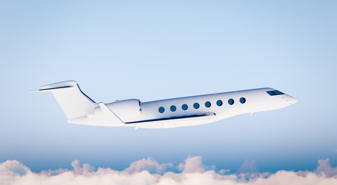 Photo White Matte Luxury Generic Design Private Airplane Flying in Blue Sky.Clear Mockup Isolated on Blurred Background.Business Travel Picture. Right Side view. Horizontal. 3D rendering.