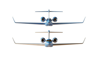 Photo Blue Glossy Luxury Generic Design Private Airplane Model. Clear Mockup Isolated Blank White Background.Business Travel Picture. Front Back Side View. Horizontal. 3D rendering.