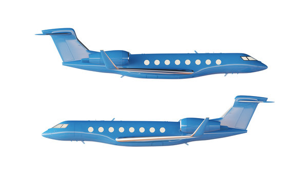 Photo Blue Glossy Luxury Generic Design Private Airplane Model. Clear Mockup Isolated Blank White Background.Business Travel Picture.Left Right Side View. Horizontal. 3D rendering.