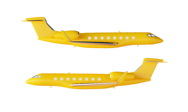 Photo Matte Yellow Luxury Generic Design Private Airplane Model. Clear Mockup Isolated Blank White Background.Business Travel Picture.Left Right Side View. Horizontal. 3D rendering.