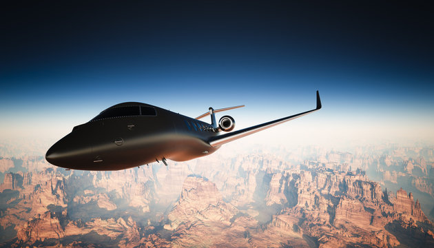 Photo Cabin Black Matte Luxury Generic Design Private Jet Flying in Sky under Earth Surface. Grand Canyon Background. Business Travel Picture. Horizontal, left angle view. Film Effect. 3D rendering.