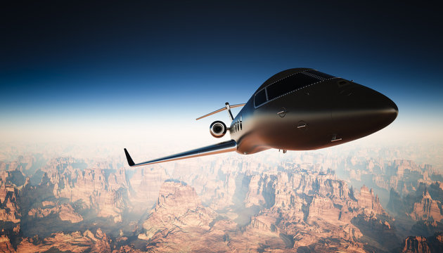 Photo Cabin Black Matte Luxury Generic Design Private Jet Flying in Sky under Earth Surface. Grand Canyon Background. Business Travel Picture. Horizontal, right angle view. Film Effect. 3D rendering.