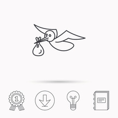 Stork with sack icon. Newborn baby symbol.