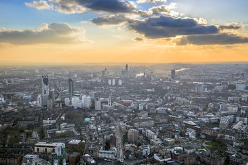 London, England - Aerial skyline view of south London at sunset with famous Skyscrapers