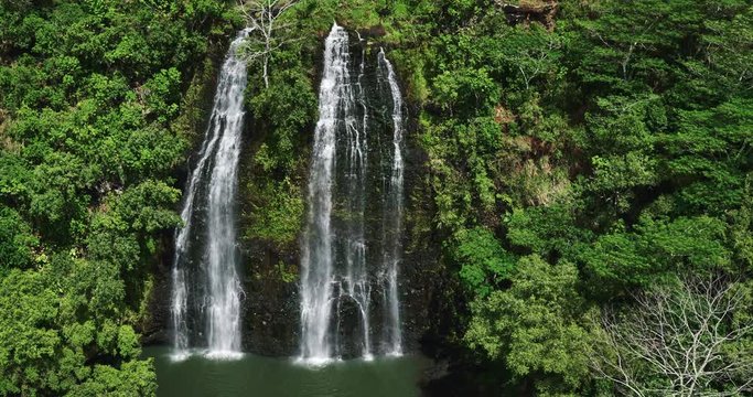 Aerial view of amazing double waterfall in tropical rain forest jungle. Opaekaa Falls, Kauai