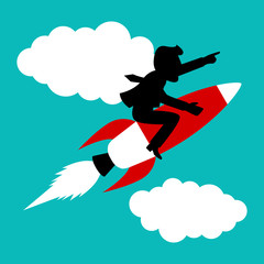 Cartoon silhouette of a businessman on a rocket