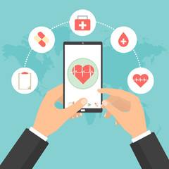 Business man hands point to smart phone tablet screen for health check concept of telemedicine technology. Vector illustration internet of think technology trend.