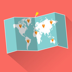 Pins of vacation trip on world map with long shadow. Vector illustration traveling concept. 