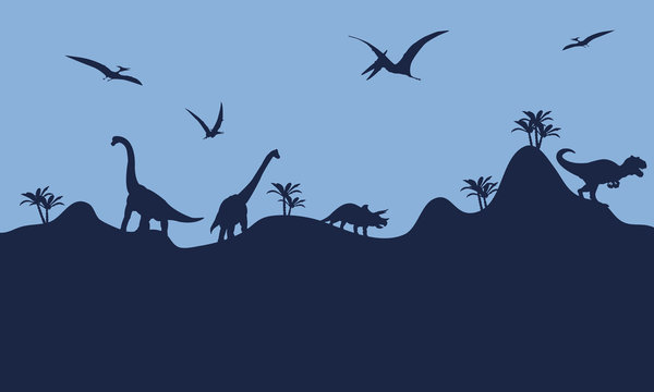Many dinosaur in hills scenry silhouette
