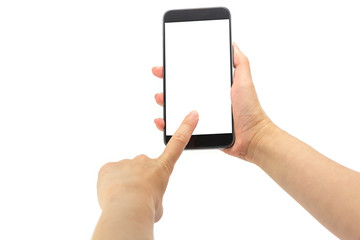 Hand holding smartphone isolated