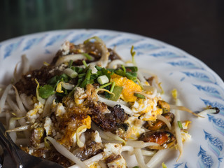 Closeup of Crispy Thai Oyster Omelet name is HOY TOD