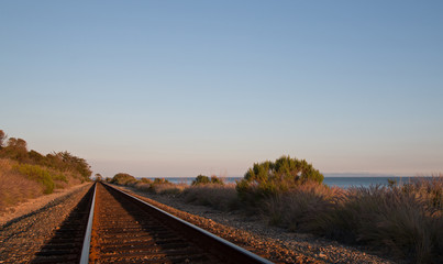 Railroad tracks on the Central Coast of California at Goleta - Santa Barbara at sunset