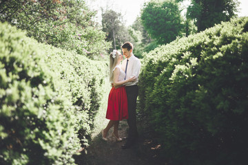 Young beautiful couple kissing and hugging near trees with blossom in summer park