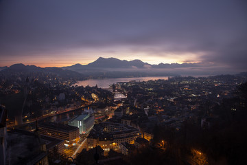 Aerial view over Luzern (Lucerne) at sunrise, Switzerland
