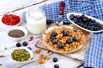 Healthy Breakfast with muesli, superfood and yogurt