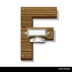 Vector wooden letter F with blank, white label in an old brass l