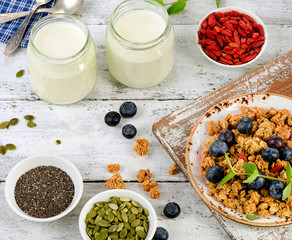 Healthy diet Breakfast on a wooden table.