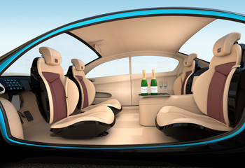 Autonomous car interior concept. Luxury interior serve cool drink service. Seat backrest equip with LCD monitor for multimedia entertainment. 3D rendering image.