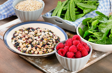 High Fiber Foods on a wooden background.