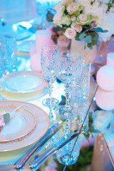 decor of flowers on wedding table in a restaurant