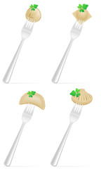 dumplings of dough with a filling and greens on fork set icons v