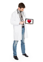 Doctor holding tablet - Red heart